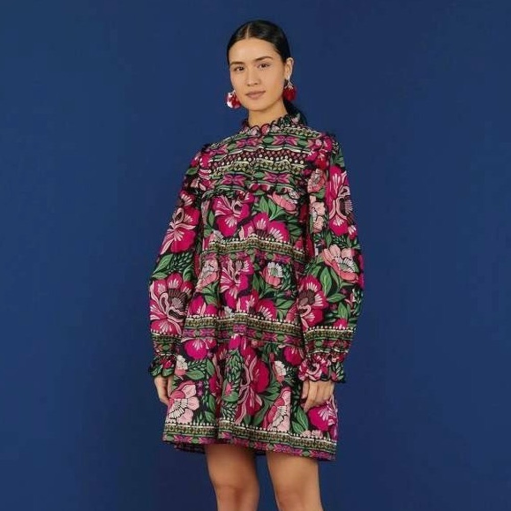 FARM Rio Flowers Garden Black Mini Dress Pink Floral Ruffleโ Tiered Cotton XS